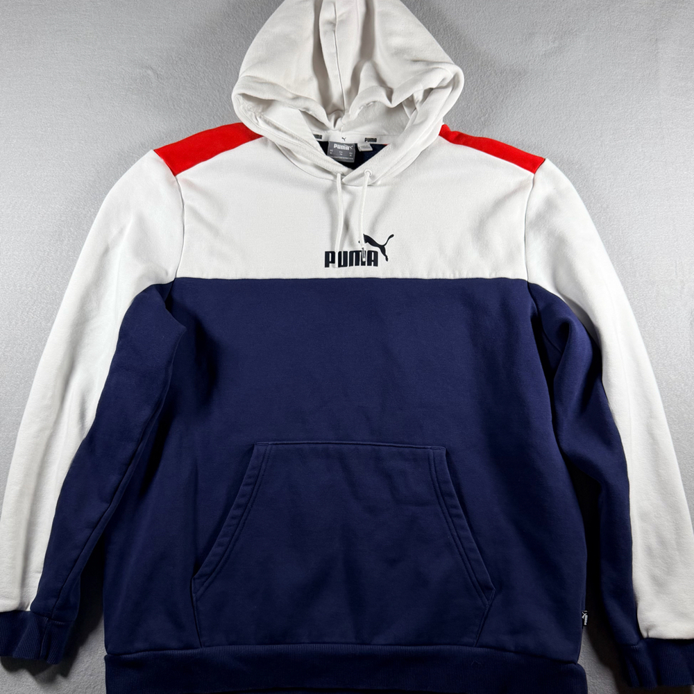 Puma Mens XL White Navy Red Colorblock Pullover Hoodie Logo Kangaroo Pocket